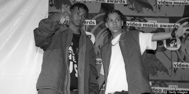 American rap duo Kris Kross, Chris 'Daddy Mac' Smith and Chris 'Mac Daddy' Kelly, pose at the 1992 MTV Video Music Awards, Pauley Pavilion, Los Angeles, 9th September 1992. (Photo by Donna Santisi/Redferns)