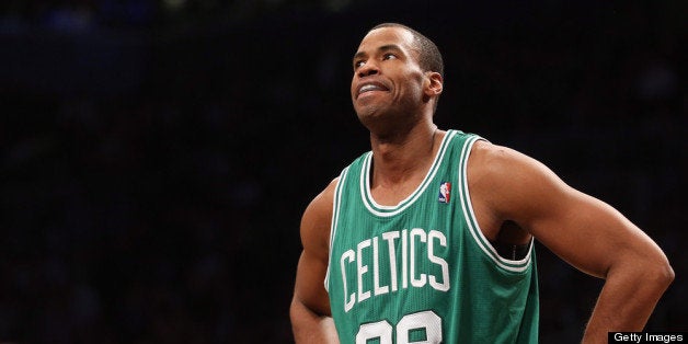 NEW YORK, NY - NOVEMBER 15: Jason Collins #98 of the Boston Celtics takes a break in the game against the Brooklyn Nets at t