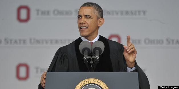 US President Barack Obama delivers the commencement address during a ceremony at Ohio State University on May 5, 2013 in Columbus, Ohio. AFP PHOTO/Mandel NGAN (Photo credit should read MANDEL NGAN/AFP/Getty Images)