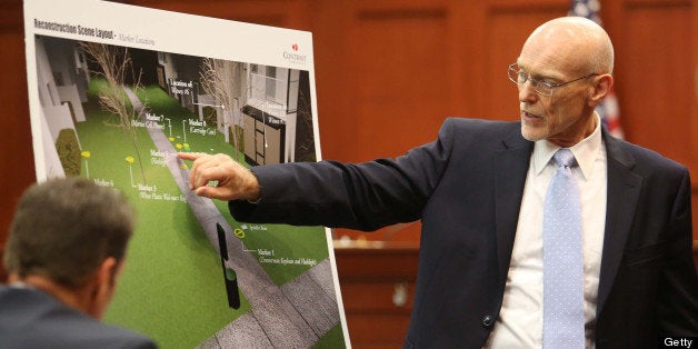 SANFORD, FL - JUNE 24: Don West, a defense attorney for George Zimmerman, displays a graphic showing the scene of the shooting of Trayvon Martin, to the jury during opening arguments in Seminole circuit court, on the 11th day of Zimmerman's trial, June 24, 2013 in Sanford, Florida. Zimmerman is charged with second-degree murder for the February 2012 shooting death of 17-year-old Trayvon Martin. (Photo by Joe Burbank-Pool/Getty Images)