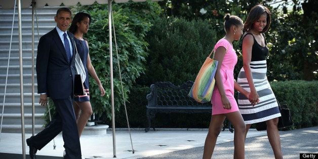 WASHINGTON, DC - JUNE 26: U.S. President Barack Obama (L) walks out from the residence with first lady Michelle Obama (R), daughters Sasha (3rd L) and Malia (2nd L) prior the their departure for a trip to Africa June 26, 2013 at the White House in Washington, DC. President Obama is on a trip to visit Senegal, South Africa and Tanzania. (Photo by Alex Wong/Getty Images)