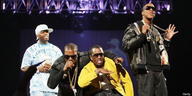 NEW YORK - AUGUST 22: (L-R) Rappers 50 Cent, Kanye West, P. Diddy, and Jay Z perform onstage during Screamfest '07 at Madison Square Garden on August 22, 2007 in New York City. (Photo by Scott Gries/Getty Images)