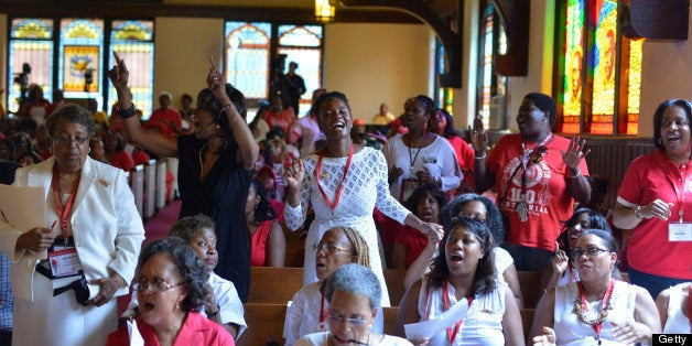 WASHINGTON-DC: JULY 11 Sorors of the Delta Sigma Theta participate in a church service for the stained glass reception at Howard University's Rankin Chapel in Washington,D.C. on July 11, 2013. Delta Sigma Theta, the country's largest African-American women's organization, celebrates its 100th anniversary. (Photo by Marvin Joseph/The Washington Post via Getty Images)