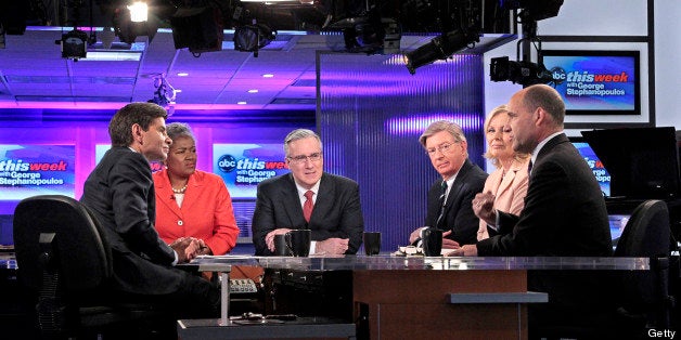 THIS WEEK - Keith Olbermann appears on This Week's powerhouse roundtable, along with ABC News' George Will, political strategist and ABC News contributor Donna Brazile, political strategist and ABC News political analyst Matthew Dowd, and Wall Street Journal columnist Peggy Noonan, on THIS WEEK WITH GEORGE STEPHANOPOULOS, 4/22/12, airing on the ABC Television Network. (Photo by Lou Rocco/ABC via Getty Images) GEORGE STEPHANOPOULOS, DONNA BRAZILE, KEITH OLBERMANN, GEORGE WILL, PEGGY NOONAN, MATTHEW DOWD