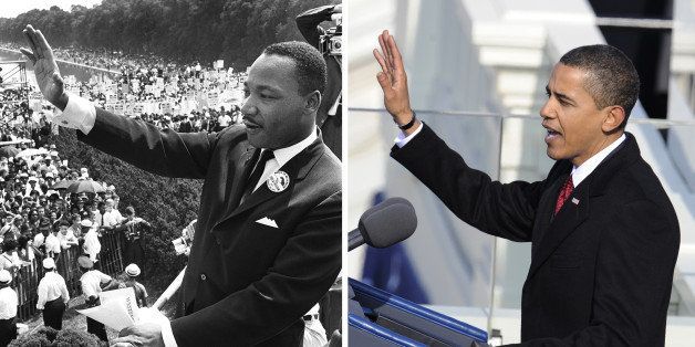 A combination image shows US civil rights leader Martin Luther King Jr. (R) as he waves to supporters on August 28, 1963 from the Mall in Washington DC during the 'March on Washington', and newly inaugurated US President Barack Obama (L) speaking after being sworn in as the 44th US president of the US. 46 years after Martin Luther King's march on Washington to raise public consciousness for civil rights, the US on Janaury 20, 2009 witnessed the swearing-in of their first African-American president. AFP Photo / Files / TIMOTHY A. CLARY (Photo credit should read TIMOTHY A. CLARY/AFP/Getty Images)