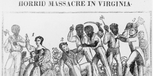 An engraving depicting the Horrid Massacre in Virginia during Nat Turner's Rebellion circa 1831. Black Males are seen Attacki