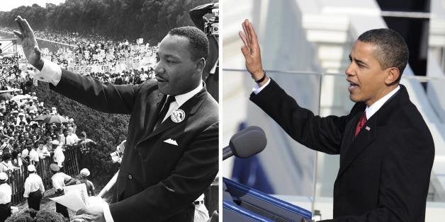 A combination image shows US civil rights leader Martin Luther King Jr. (R) as he waves to supporters on August 28, 1963 from the Mall in Washington DC during the 'March on Washington', and newly inaugurated US President Barack Obama (L) speaking after being sworn in as the 44th US president of the US. 46 years after Martin Luther King's march on Washington to raise public consciousness for civil rights, the US on Janaury 20, 2009 witnessed the swearing-in of their first African-American president. AFP Photo / Files / TIMOTHY A. CLARY (Photo credit should read TIMOTHY A. CLARY/AFP/Getty Images)