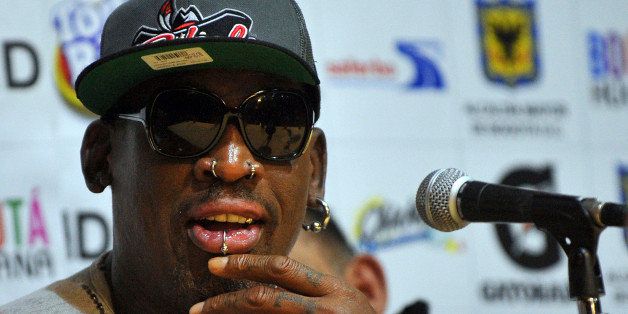 BOGOTÁ, COLOMBIA - AUGUST 6: Former U.S. basketball player Dennis Rodman, who won five NBA titles and is part of the Hall of Fame, speaks during a press conference on August 6, 2013, in Bogota, Colombia. There he will play an exhibition game with other NBA stars against basketball team Los Piratas of Bogota. (Photo by Gal Schweizer/LatinContent/Getty Images)