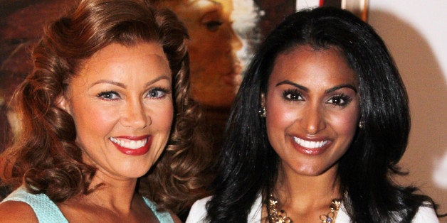 NEW YORK, NY - SEPTEMBER 18: (EXCLUSIVE COVERAGE) Former Miss America/actress Vanessa Williams and Miss America 2013 Nina Davuluri pose backstage at 'The Trip to Bountiful' on Broadway at The Stephen Sondheim Theater on September 18, 2013 in New York City. (Photo by Bruce Glikas/FilmMagic)