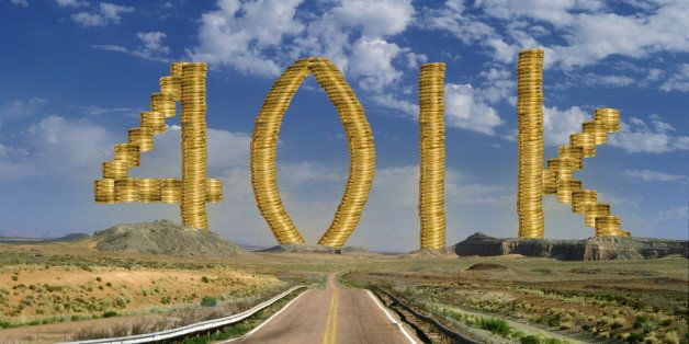 A giant stack of gold coins spelling out 401k at the end of a long road in the country