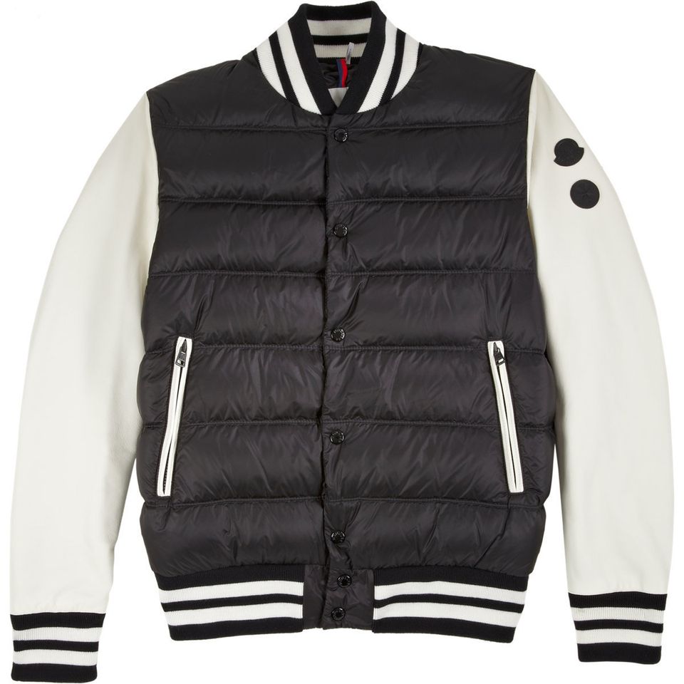 Moncler Leather Sleeve Puffer Varsity Jacket, $2,295