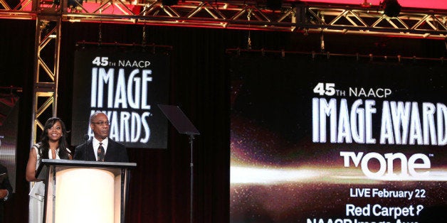 PASADENA, CA - JANUARY 09: Actors Bresha Webb and Joe Morton speak onstage during the 'The 45th Annual NAACP Image Awards' nominations announcement at the TV One portion of the 2014 Winter Television Critics Association tour at the Langham Hotel on January 9, 2014 in Pasadena, California. (Photo by Frederick M. Brown/Getty Images)