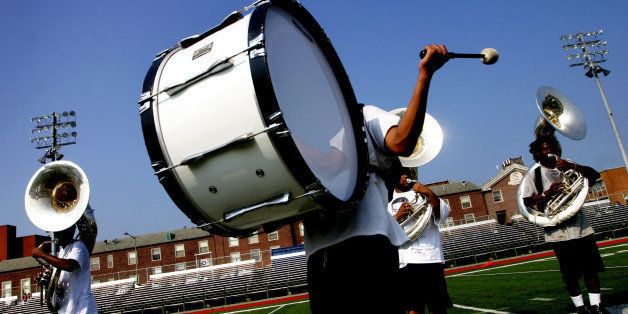 08/28/2004 Members of the 160 member Howard University 'Showtime Marching Band' gets ready at the campus stadium for a college battle of the bands competition tomorrow at RFK stadium. (Photo by Dudley M. Brooks/The Washington Post/Getty Images)