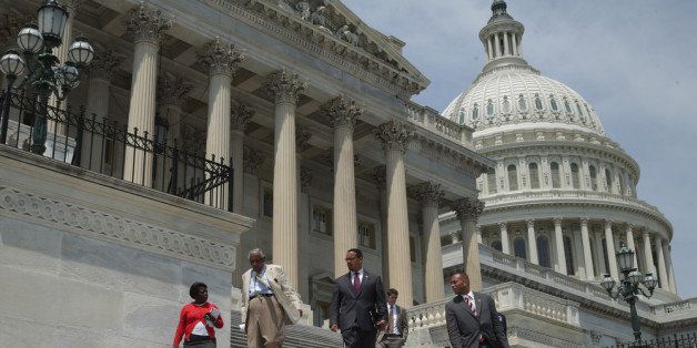 WASHINGTON, DC - AUGUST 02: U.S. Rep. Charles Rangel (D-NY) (2nd L-R), U.S. Rep. Keith Ellison (D-MN) and U.S. Rep. Hakeem Jeffries (D-NY) leave the U.S. Capitol as Congress begins its summer recess August 2, 2013 in Washington, DC. Congress is headed into its summer recess without a deal on a federal budget, paving the way for a big showdown between Republicans and Democrats and a possible government shutdown in September. (Photo by Chip Somodevilla/Getty Images)