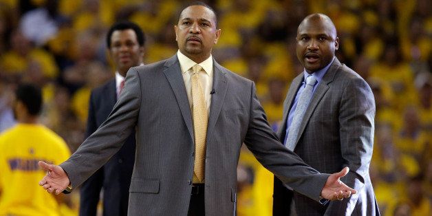 OAKLAND, CA - MAY 01: Head coach Mark Jackson of the Golden State Warriors questions a call during their game against the Los Angeles Clippers in Game Six of the Western Conference Quarterfinals during the 2014 NBA Playoffs at ORACLE Arena on May 1, 2014 in Oakland, California. NOTE TO USER: User expressly acknowledges and agrees that, by downloading and or using this photograph, User is consenting to the terms and conditions of the Getty Images License Agreement. (Photo by Ezra Shaw/Getty Images)