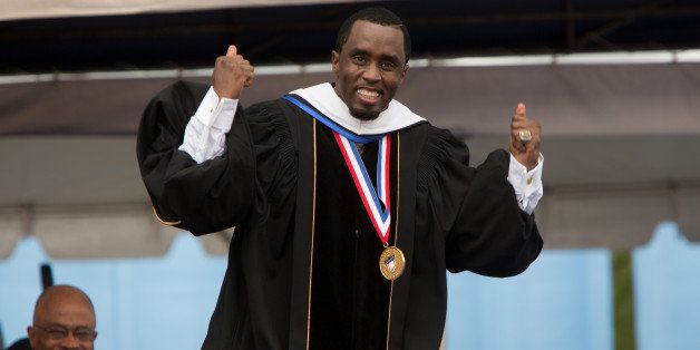 WASHINGTON, DC - MAY 10: Entrepreneur and philanthropist Sean 'Diddy' Combs reacts after delivering the commencement speech at Howard University's 146th commencement exercises on May 10, 2014 in Washington, D.C. Also honored at the convocation were CNN anchor Wolf Blitzer, Chairman and CEO of PespiCo Indra K. Nooyi, professor of surgery Dr. Clive Callender, and jazz legend Benny Golson. (Photo by Allison Shelley/Getty Images for DKC)