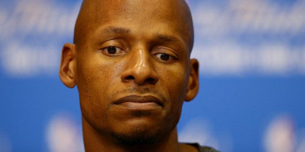SAN ANTONIO, TX - JUNE 14: Ray Allen #34 of the Miami Heat speaks to the media on an off day following Game Four of the 2014 NBA Finals against the San Antonio Spurs at the Spurs Practice Facility on June 14, 2014 in San Antonio, Texas. NOTE TO USER: User expressly acknowledges and agrees that, by downloading and or using this photograph, User is consenting to the terms and conditions of the Getty Images License Agreement. (Photo by Andy Lyons/Getty Images)