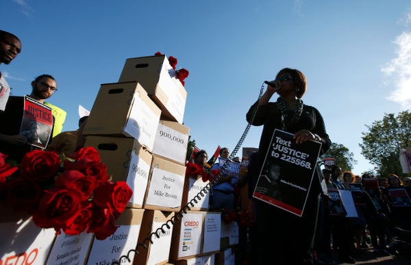 Missouri State Sen. Jamilah Nasheed (D) speaks during a rally for justice for Michael Brown, and the people of Ferguson, Miss