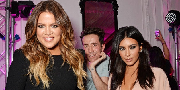 LONDON, ENGLAND - NOVEMBER 08: (L to R) Khloe Kardashian, Nick Grimshaw and Kim Kardashian West attend the Hairfinity UK Lau