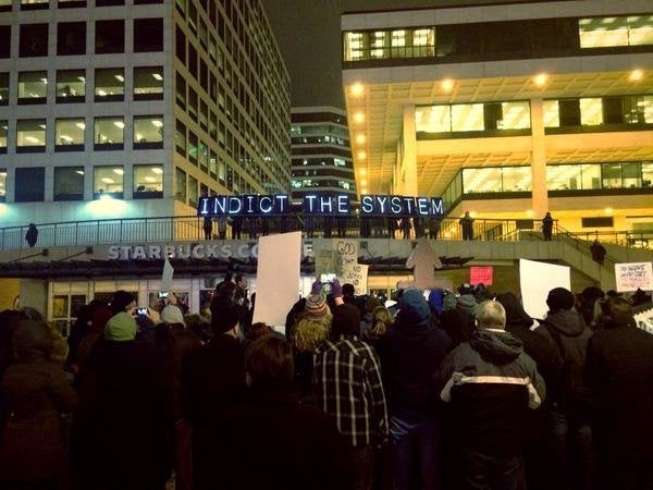 People protest the Darren Wilson Grand Jury decision in Milwaukee, Wisconsin, on November 25, 2014.