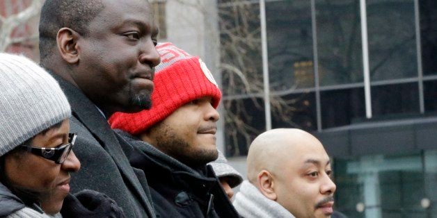 Raymond Santana, right, Kevin Richardson, and Yusef Salaam, left, attend a rally at Foley Square Thursday, Jan. 17, 2013, in New York. (AP Photo/Frank Franklin II)