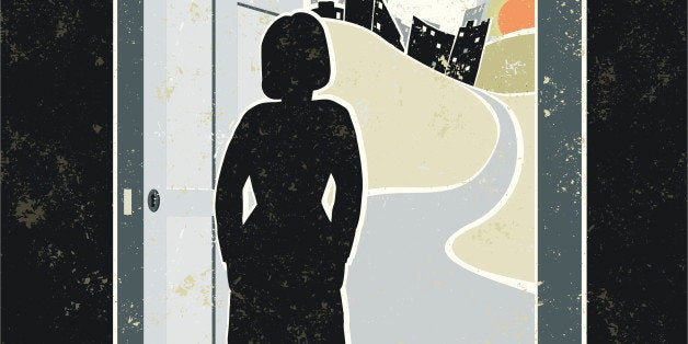 'New Beginnings! A stylized vector cartoon of woman by an open door looking at a Cityscape, the style is reminiscent of an o