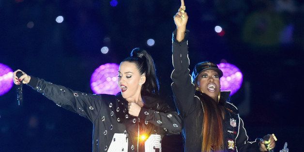 GLENDALE, AZ - FEBRUARY 01: Recording artists Katy Perry (L) and Missy Elliott perform onstage during the Pepsi Super Bowl XLIX Halftime Show at University of Phoenix Stadium on February 1, 2015 in Glendale, Arizona. (Photo by Jeff Kravitz/FilmMagic)