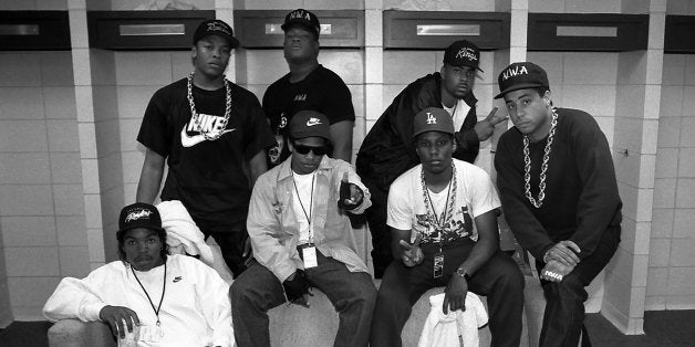 KANSAS CITY - 1989: Rappers N.W.A. (back) Dr. Dre, Laylaw from Above The Law, The D.O.C. (front) Ice Cube, Eazy-E., MC Ren a