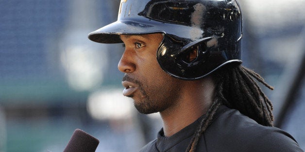 PITTSBURGH, PA - OCTOBER 1: Andrew McCutchen #22 of the Pittsburgh Pirates talks with ESPN before the National League Wild C