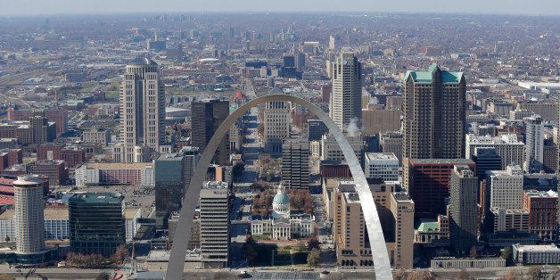 The Gateway arch is seen with the downtown St. Louis skyline in this aerial photo taken Tuesday, Nov. 25, 2014. (AP Photo/Charlie Riedel)