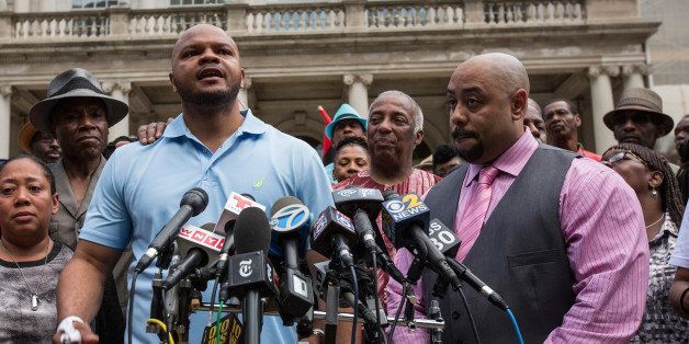 NEW YORK, NY - JUNE 27: Kevin Richardson (L) and Raymond Santana, two of the five men wrongfully convicted of raping a woman in Central Park in 1989, speak at a press conference on city halls' steps after it was announced that the men, known as the 'Central Park Five,' had settled with New York City for approximately $40 million dollars on June 27, 2014 in New York City. All five men spent time in jail, until their convictions were overturned in 2002 after being proven innocent. (Photo by Andrew Burton/Getty Images)