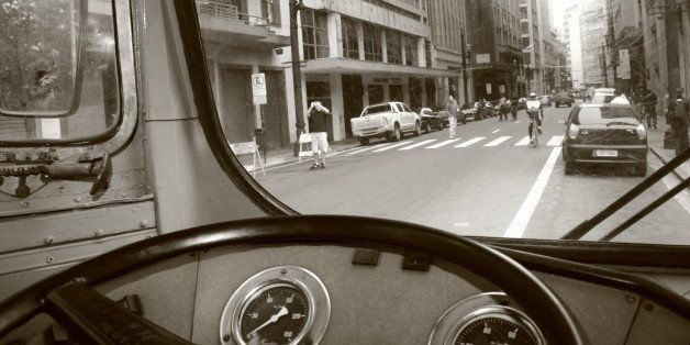 Vintage photo taken from the inside of an old bus at downtown S?o Paulo.