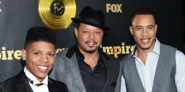 Actors Bryshere Gray, Terrence Howard and Trai Byers seen at LA Premiere Of "Empire" at Arclight Cinema Dome on Tuesday, January 6, 2015, in Hollywood, California. (Photo by Arnold Turner/Invision/AP)