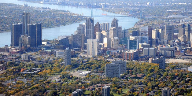 Aerial view of Detroit, Michigan, on the Detroit River, looking south.