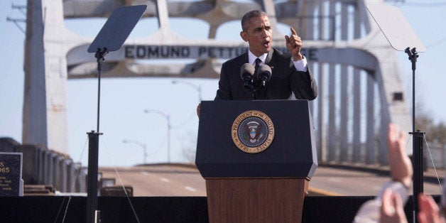 SELMA, AL - MARCH 07: U.S. President Barack Obama speaks onstage at 50th Anniversary Of Selma March For African American Voting Rights on March 7, 2015 in Selma, Alabama. (Photo by Nicole Craine/WireImage)