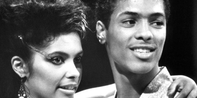 Vanity gives Taimak a hug in a scene from the film 'The Last Dragon', 1985. (Photo by TriStar/Getty Images)