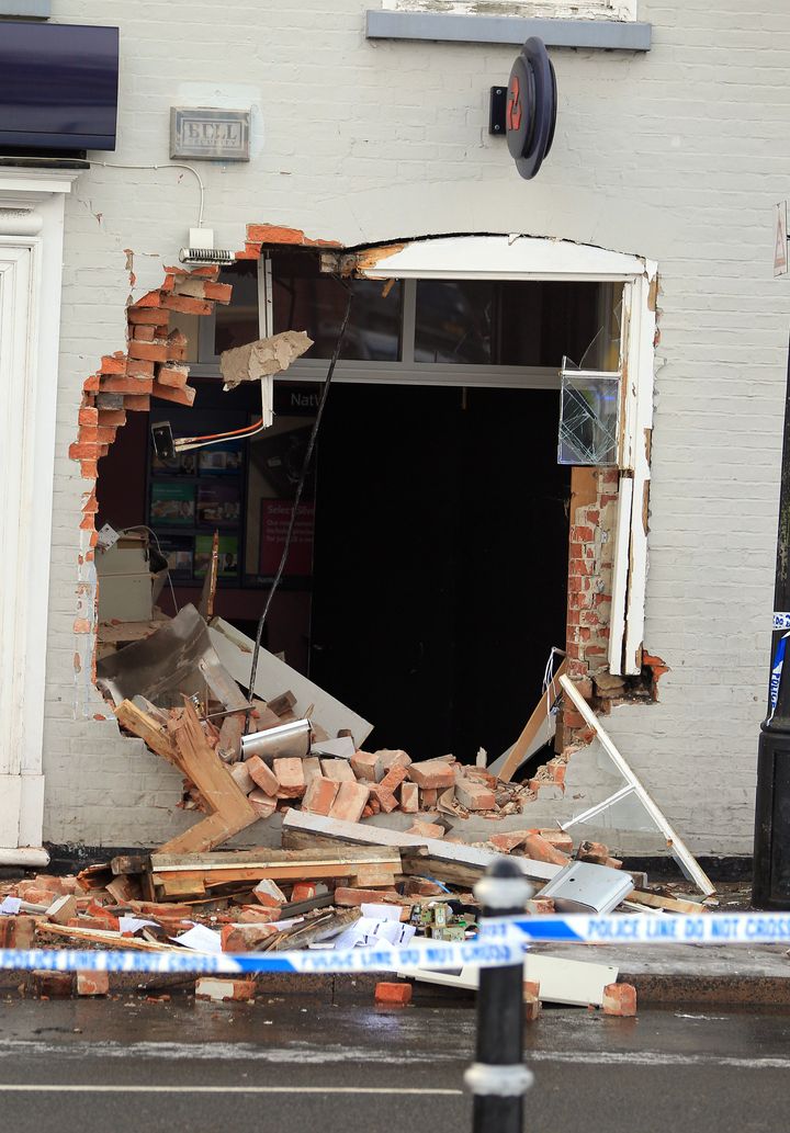 A NatWest bank in Bingham, Nottinghamshire, where thieves used a tractor to pull the bank's ATM machine from the wall.