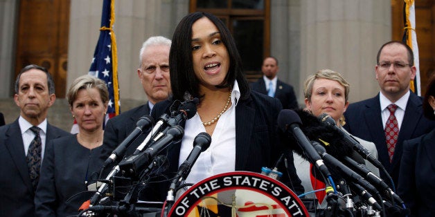 Marilyn Mosby, Baltimore state's attorney, speaks during a media availability, Friday, May 1, 2015 in Baltimore. Mosby announced criminal charges against all six officers suspended after Freddie Gray suffered a fatal spinal injury while in police custody. (AP Photo/Alex Brandon)