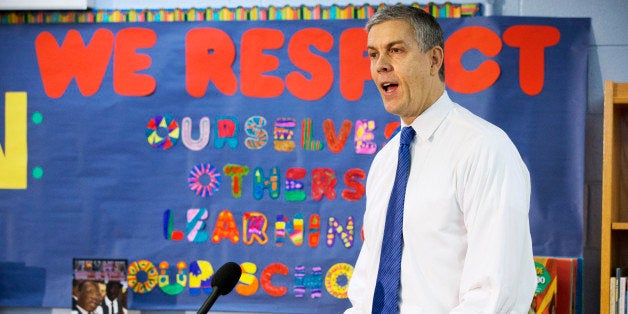 Education Secretary Arne Duncan speaks about the administration's priorities for education at Seaton Elementary in Washington