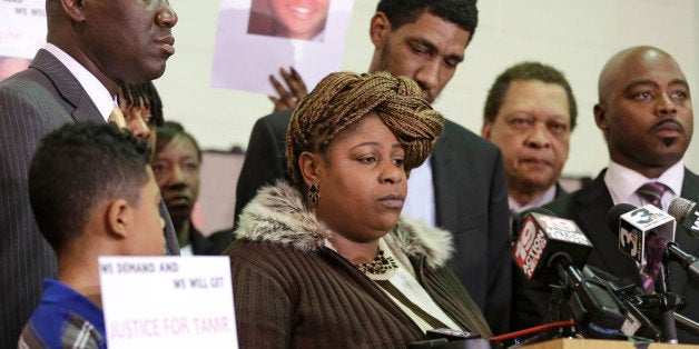 Samaria Rice, the mother of Tamir, a 12-year-old boy fatally shot by a Cleveland police officer, speaks during a news conference Monday, Dec. 8, 2014, in Cleveland. Surveillance video released by police shows Tamir Rice being shot within 2 seconds of a patrol car stopping within a few feet of him at a park on Nov. 22. (AP Photo/Tony Dejak)