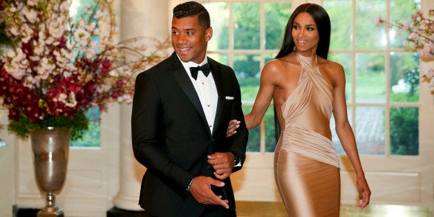 Seattle Seahawks Quarterback Russell Wilson and entertainer Ciara Harris arrive for a state dinner for Japanese Prime Minister Shinzo Abe, Tuesday, April 28, 2015, at the White House in Washington. (AP Photo/Andrew Harnik)