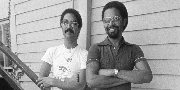 American musicians The Brothers Johnson, George Johnson, left and Louis Johnson whose new album "Winners" reached number one in the Rhythm and Blues charts pictured on Aug. 31, 1981. (AP Photo/Rasmussen)