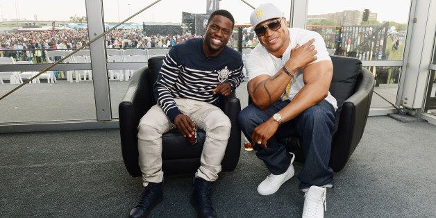 DALLAS, TX - APRIL 05: Comedian Kevin Hart (L) and rapper LL Cool J pose backstage during the Coke Zero Countdown at NCAA March Madness Music Festival - Day 2 at Reunion Park on April 5, 2014 in Dallas, Texas. (Photo by Michael Loccisano/Getty Images for Turner)