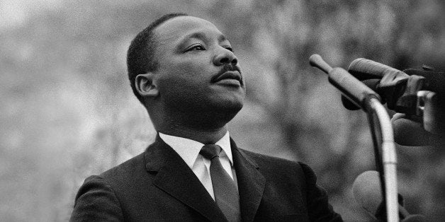 MONTGOMERY, AL - MARCH 25: Dr. Martin Luther King, Jr. speaking before crowd of 25,000 Selma To Montgomery, Alabama civil rights marchers, in front of Montgomery, Alabama state capital building. On March 25, 1965 in Montgomery, Alabama. (Photo by Stephen F. Somerstein/Getty Images)