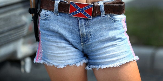 LOXAHATCHEE, FL - JULY 11: A Confederate flag beltbuckle is seen during a rally to show support for the American and Confede