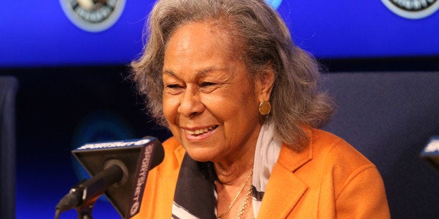 LOS ANGELES, CA - APRIL 15: Rachel Robinson, widow of Jackie Robinson, speaks at a press conference before the Jackie Robinson day game between the Seattle Mariners and the Los Angeles Dodgers at Dodger Stadium on April 15, 2015 in Los Angeles, California. All Major League Baseball players are wearing #42 today in honor of Jackie Robinson Day. (Photo by Stephen Dunn/Getty Images)