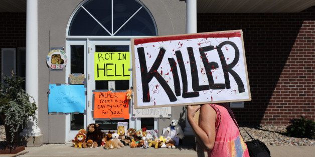 BLOOMINGTON, MN - JULY 29: Protesters call attention to the alleged poaching of Cecil the lion, in the parking lot of Dr. Walter Palmer's River Bluff Dental Clinic on July 29, 2015 in Bloomington, Minnesota. According to reports, the 13-year-old lion was lured out of a national park in Zimbabwe and killed by Dr. Palmer, who had paid at least $50,000 for the hunt. (Photo by Adam Bettcher/Getty Images)