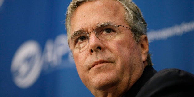 Republican presidential candidate former Florida Gov. Jeb Bush speaks during a forum sponsored by Americans for Peace, Prosperity and Security, Thursday, Aug. 13, 2015, at St. Ambrose University in Davenport, Iowa. (AP Photo/Charlie Neibergall)