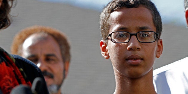 IRVING, TX - SEPTEMBER 16: 14-year-old Ahmed Ahmed Mohamed speaks during a news conference on September 16, 2015 in Irving, Texas. Mohammed was detained after a high school teacher falsely concluded that a homemade clock he brought to class might be a bomb. The news converence, held outside the Mohammed family home, was hosted by the North Texas Chapter of the Council on American-Islamic Relations. (Photo by Ben Torres/Getty Images)