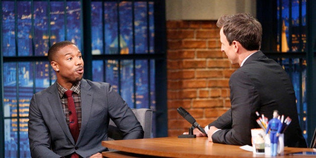 LATE NIGHT WITH SETH MEYERS -- Episode 242 -- Pictured: (l-r) Actor Michael B. Jordan during an interview with host Seth Meye